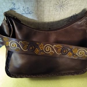 Brown Shoulder Bag w/Embroidered Unique Strap